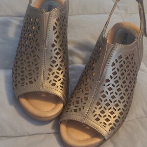 Earth Metallic Taupe Laser-Cut Peep-Toe Wedge Sandals